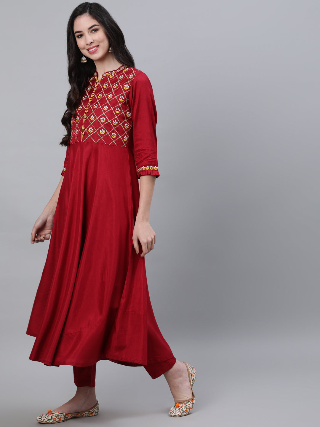 Maroon Embroired Flared Kurta With Palazzo And Chiffon Dupatta