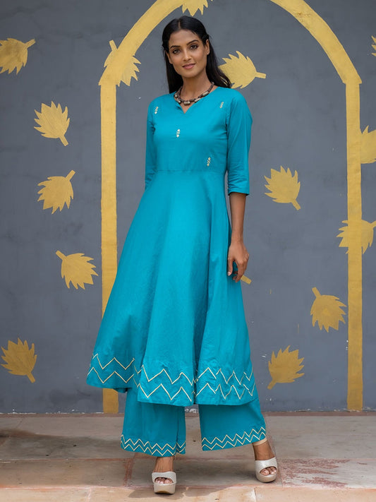 Turquoise Solid Embroidered Cotton Flared Kurta with Palazzos