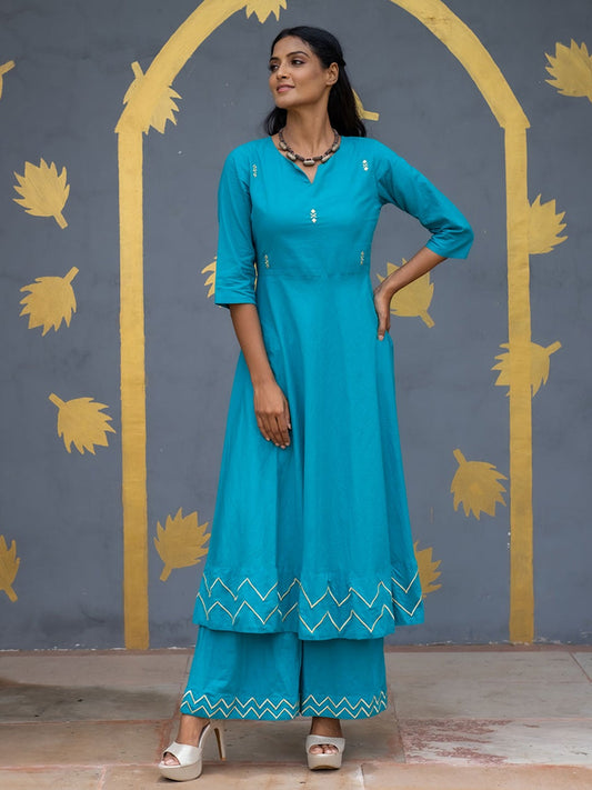 Turquoise Solid Embroidered Cotton Flared Kurta with Palazzos