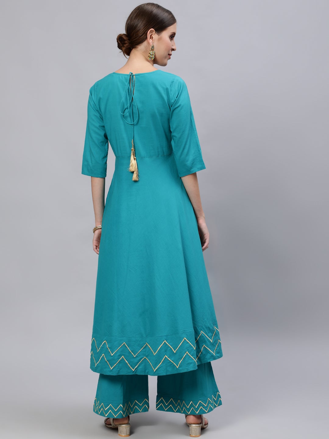 Turquoise Solid Embroidered Cotton Flared Kurta with Palazzos