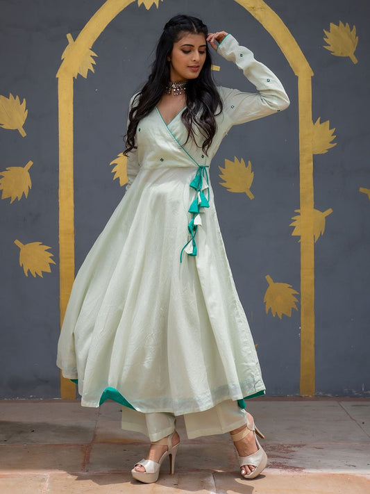 Light Green Angrakha Style Cotton Flared Kurta with Palazzos