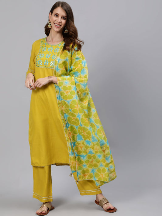 Mustard Solid Embroidered Poly Silk Kurta with Palazzos & Chanderi Dupatta