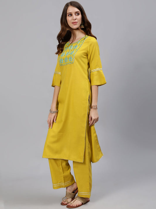 Mustard Solid Embroidered Poly Silk Kurta with Palazzos & Chanderi Dupatta