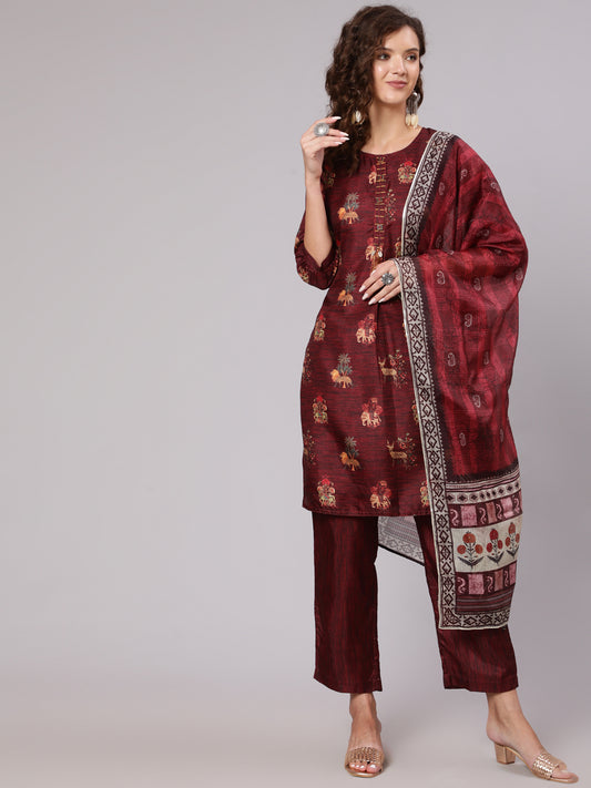 Maroon Tussar Silk Printed Kantha Work Kurta With Palazzo And Kota Doria Dupatta