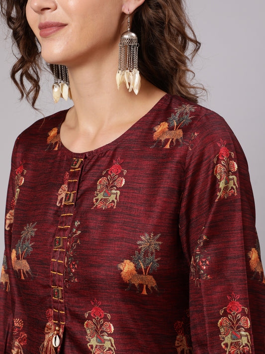 Maroon Tussar Silk Printed Kantha Work Kurta With Palazzo And Kota Doria Dupatta