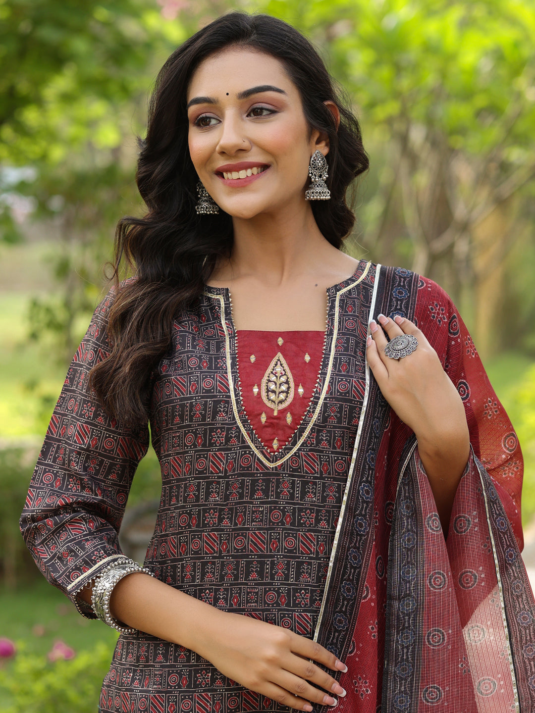 Silk Blend Digital Printed Zari Embriodered Kurta With Palazzo And Dupatta