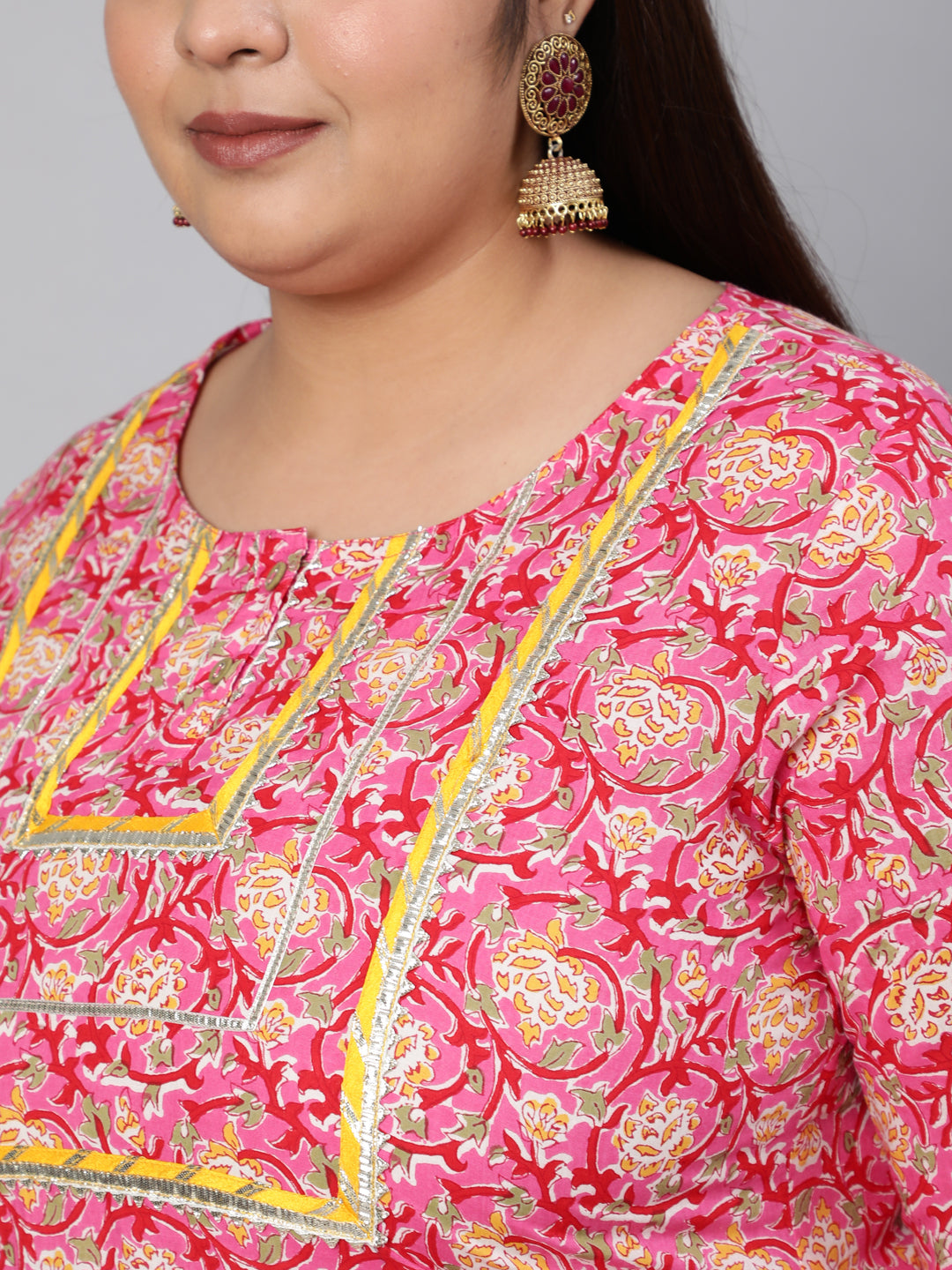 Pink And Cream-Coloured Printed Kurta With Trousers And Dupatta
