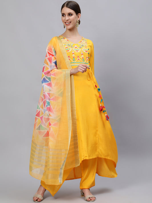 A Asymetirc Solid Embroidered Kurta With Palazzo And Dupatta