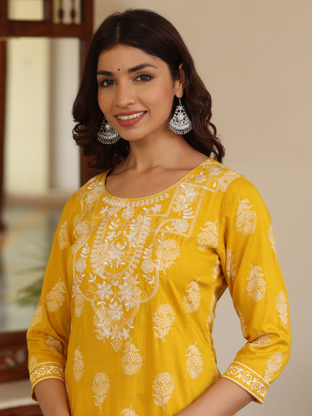 Women Mustard Heavy Embroidered Khadi Print Straight Kurta With White Rayon Palazzo