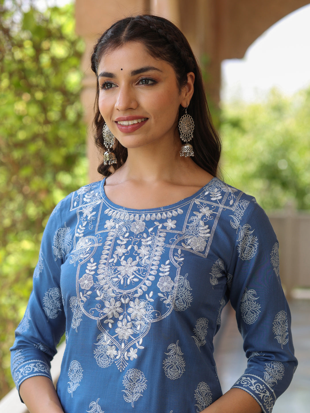 Women Blue Heavy Embroidered Khadi Print Straight Kurta With White Rayon Palazzo