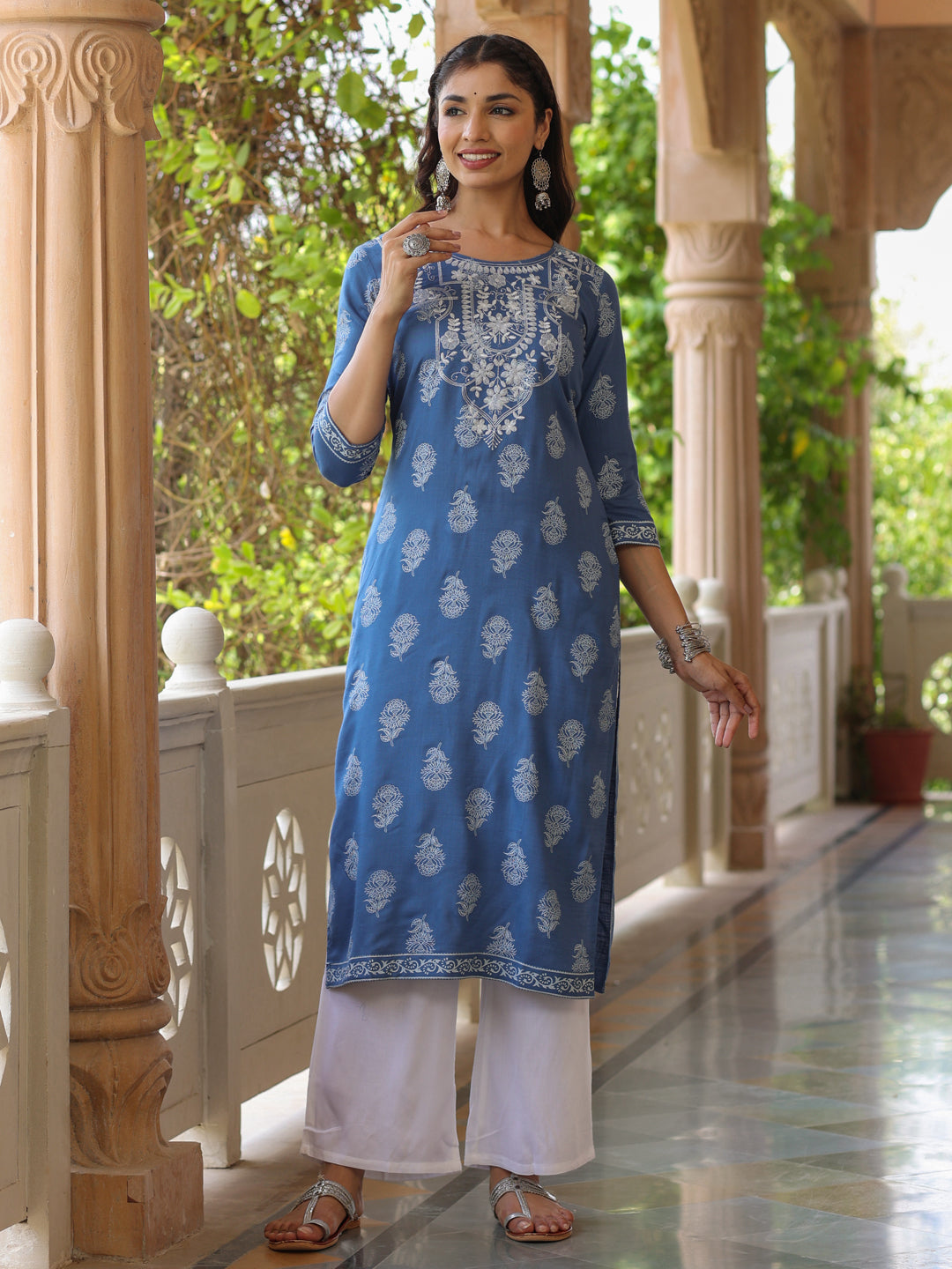 Women Blue Heavy Embroidered Khadi Print Straight Kurta With White Rayon Palazzo