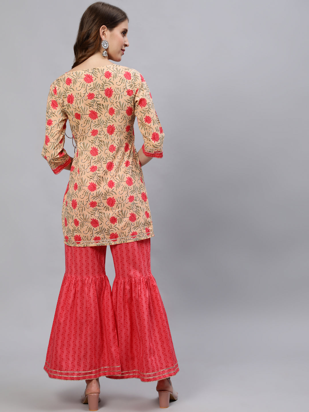 A Line Short Printed Angrakha Pattern Embellished Kurti With Printed Cotton Sharara