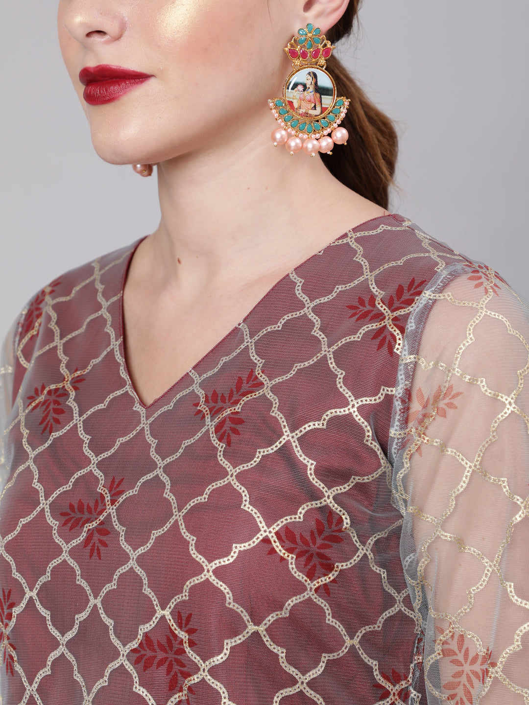 Gold Embellished A-Line Kurta With Rayon Maroon Sharara