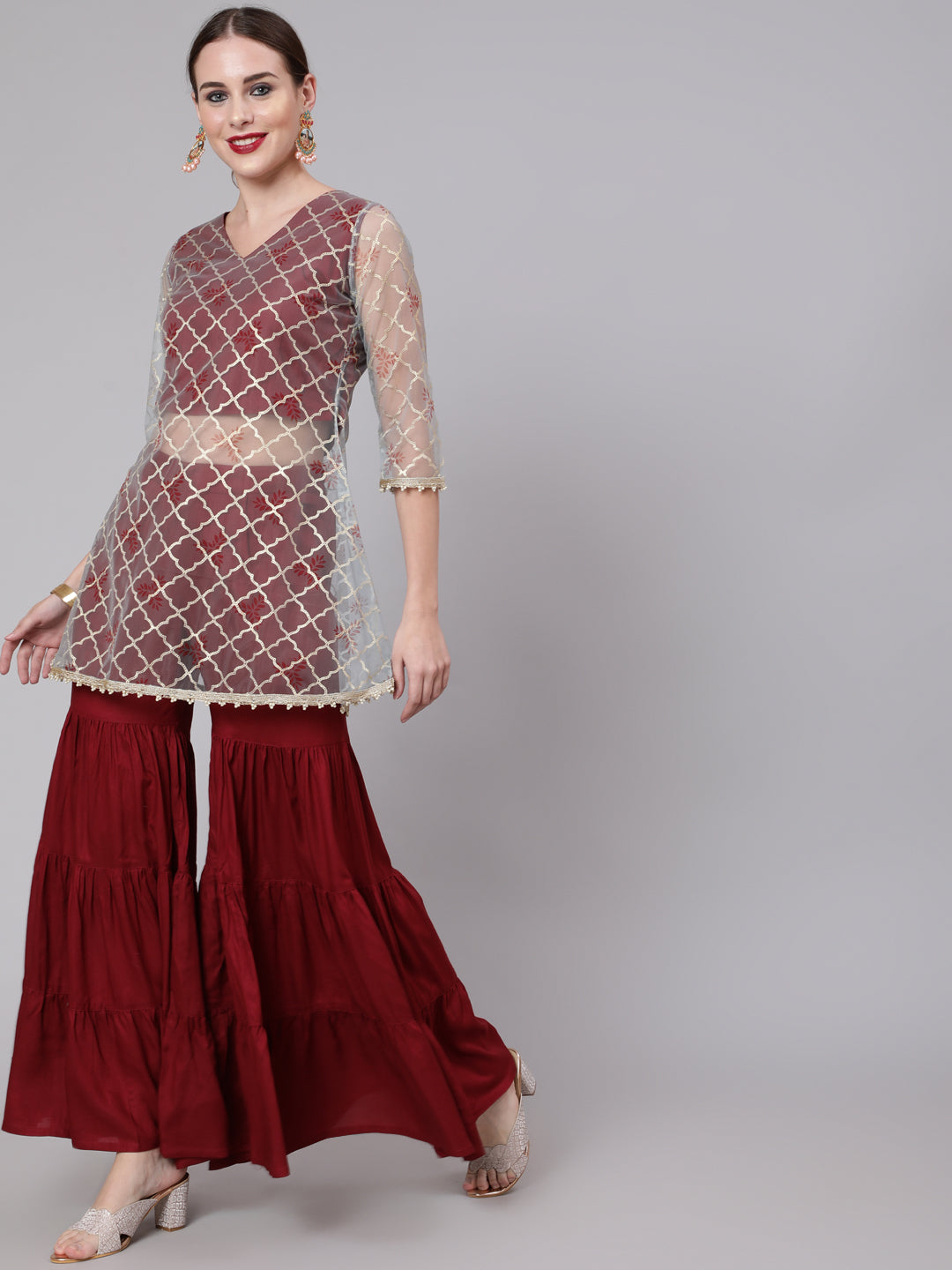 Gold Embellished A-Line Kurta With Rayon Maroon Sharara