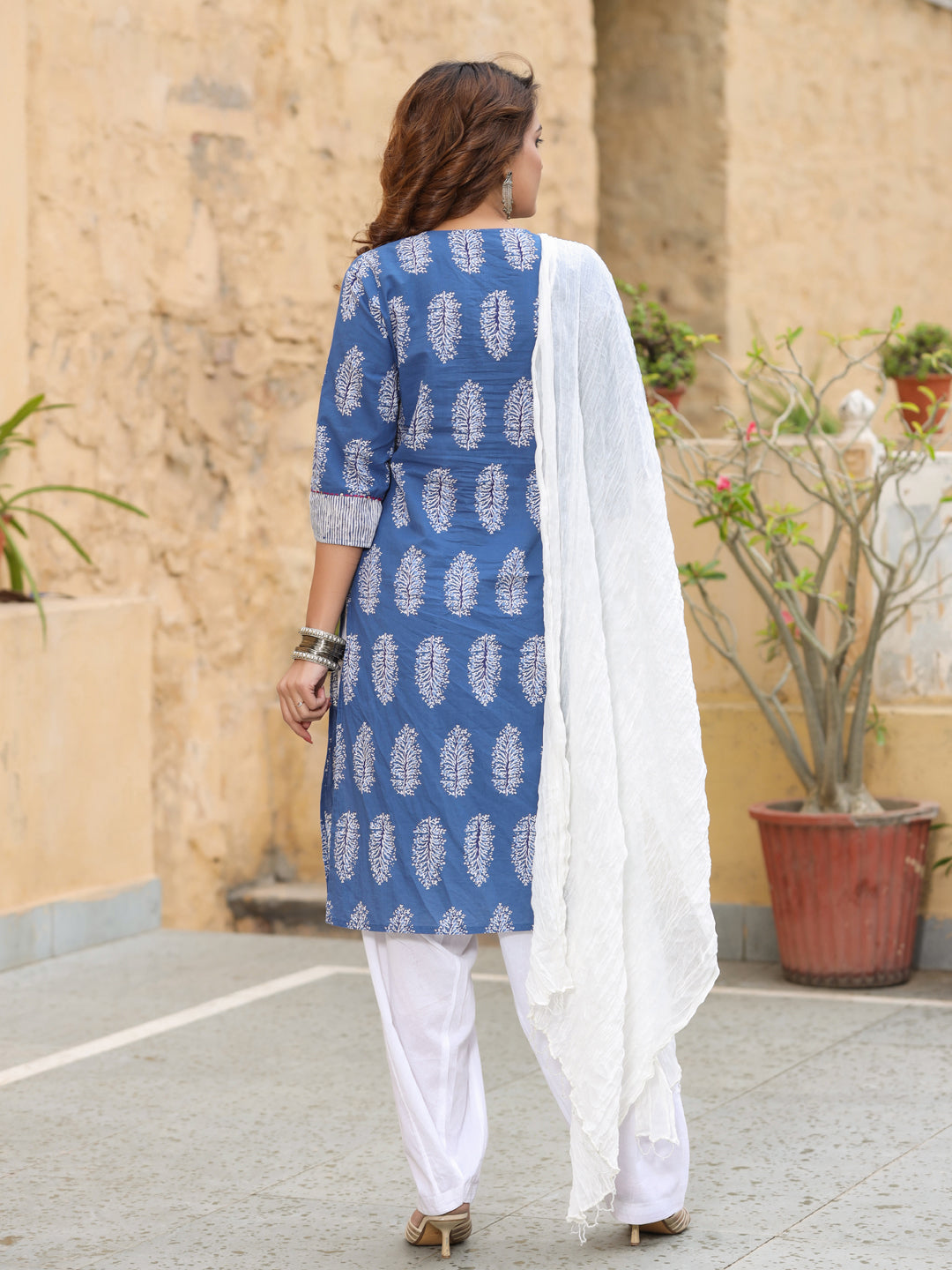Blue Ethnic Motif Straight Cotton Kurta With Salwar and Dupatta