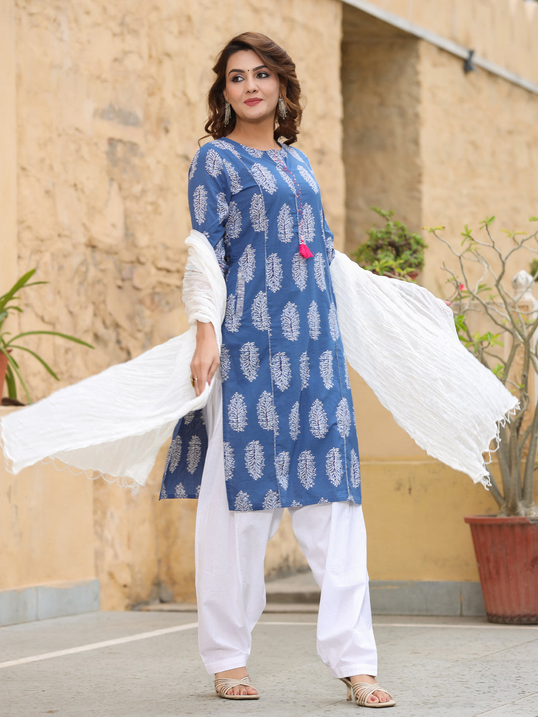 Blue Ethnic Motif Straight Cotton Kurta With Salwar and Dupatta