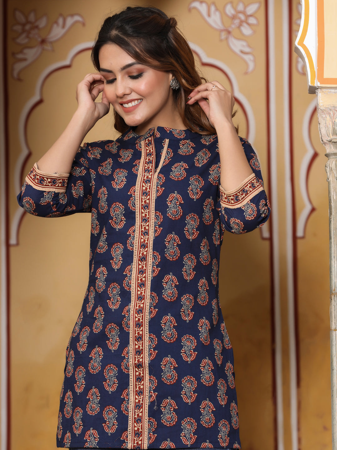 Women Blue Ethnic Printed Ladder Lace Top