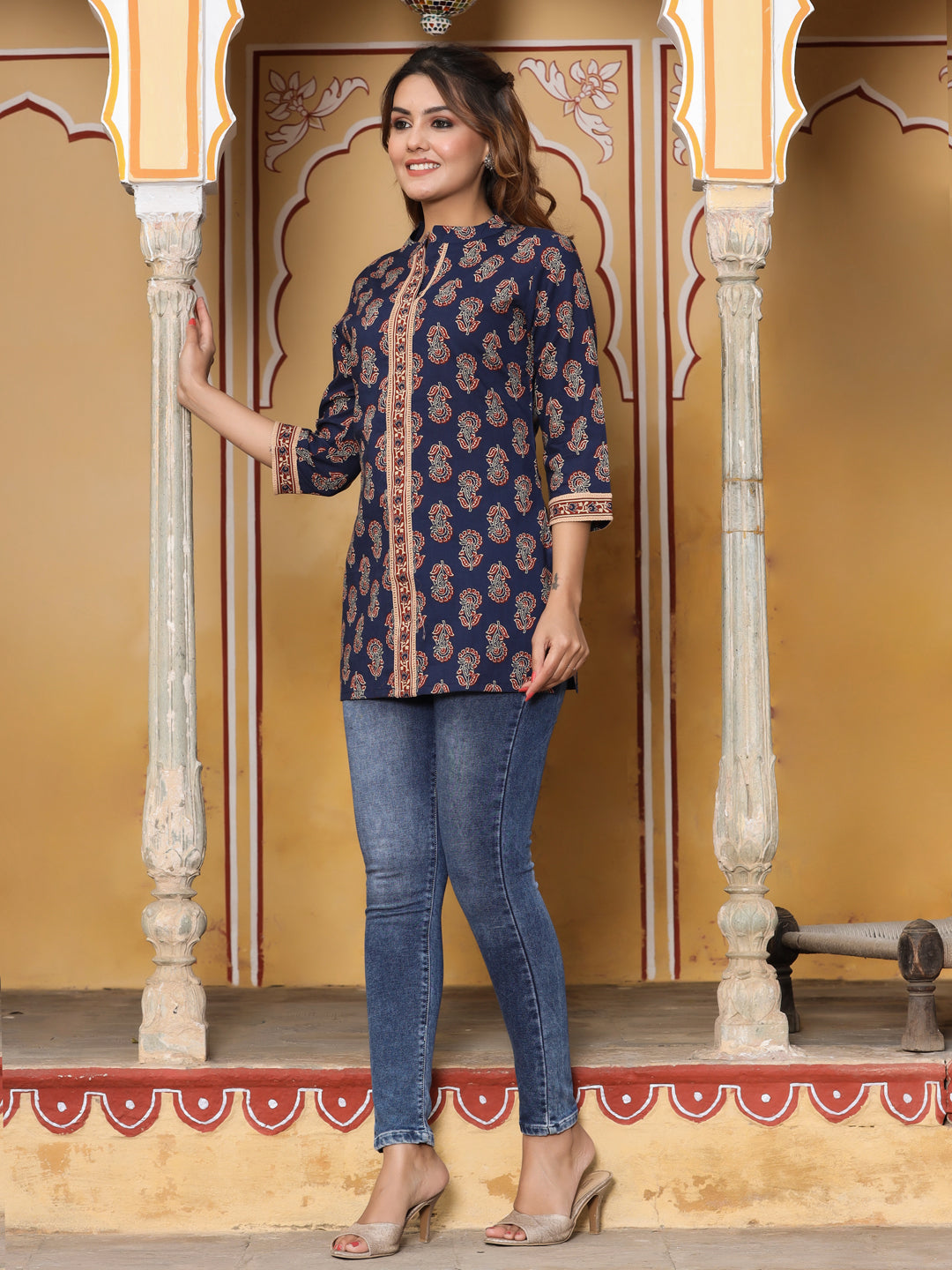 Women Blue Ethnic Printed Ladder Lace Top