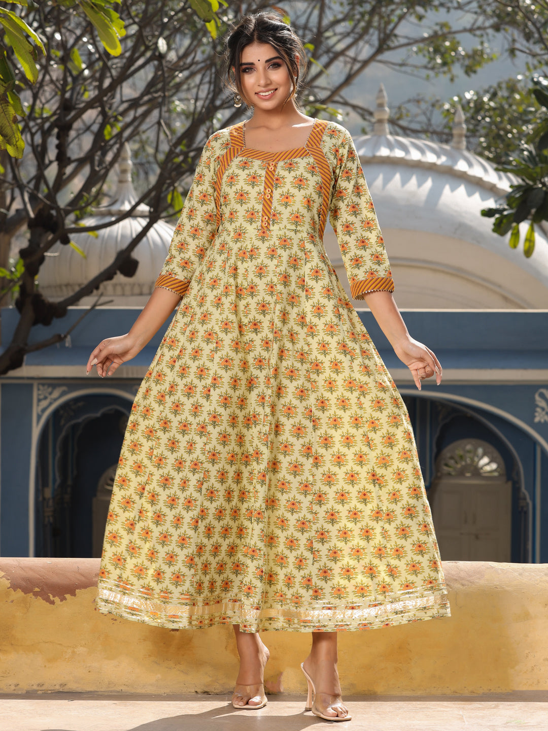 Yellow Anarkali Long Printed Kurta