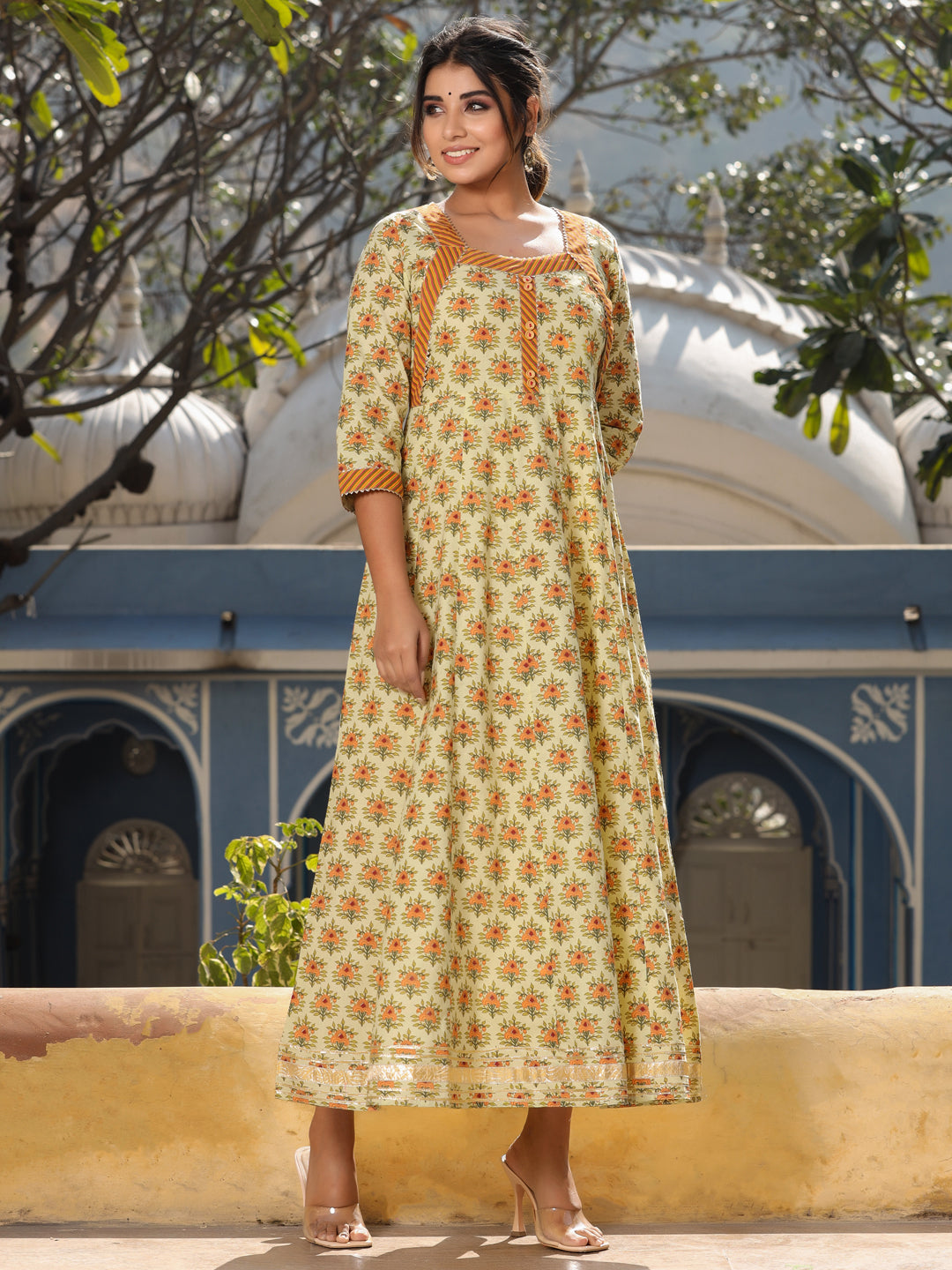 Yellow Anarkali Long Printed Kurta