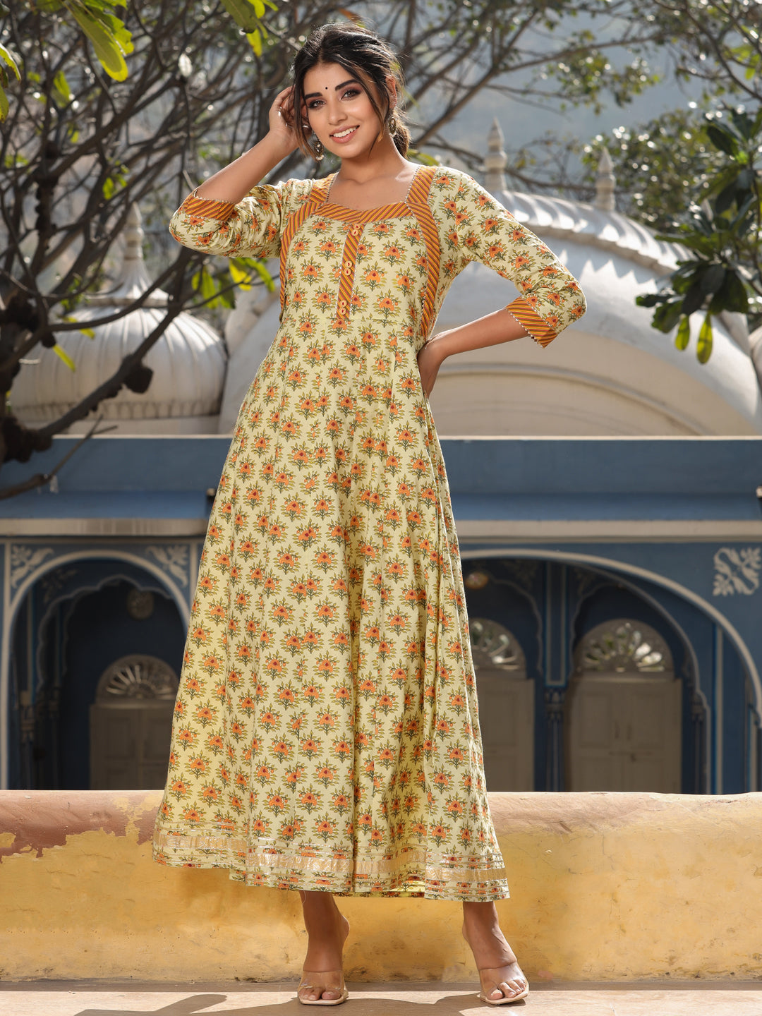 Yellow Anarkali Long Printed Kurta