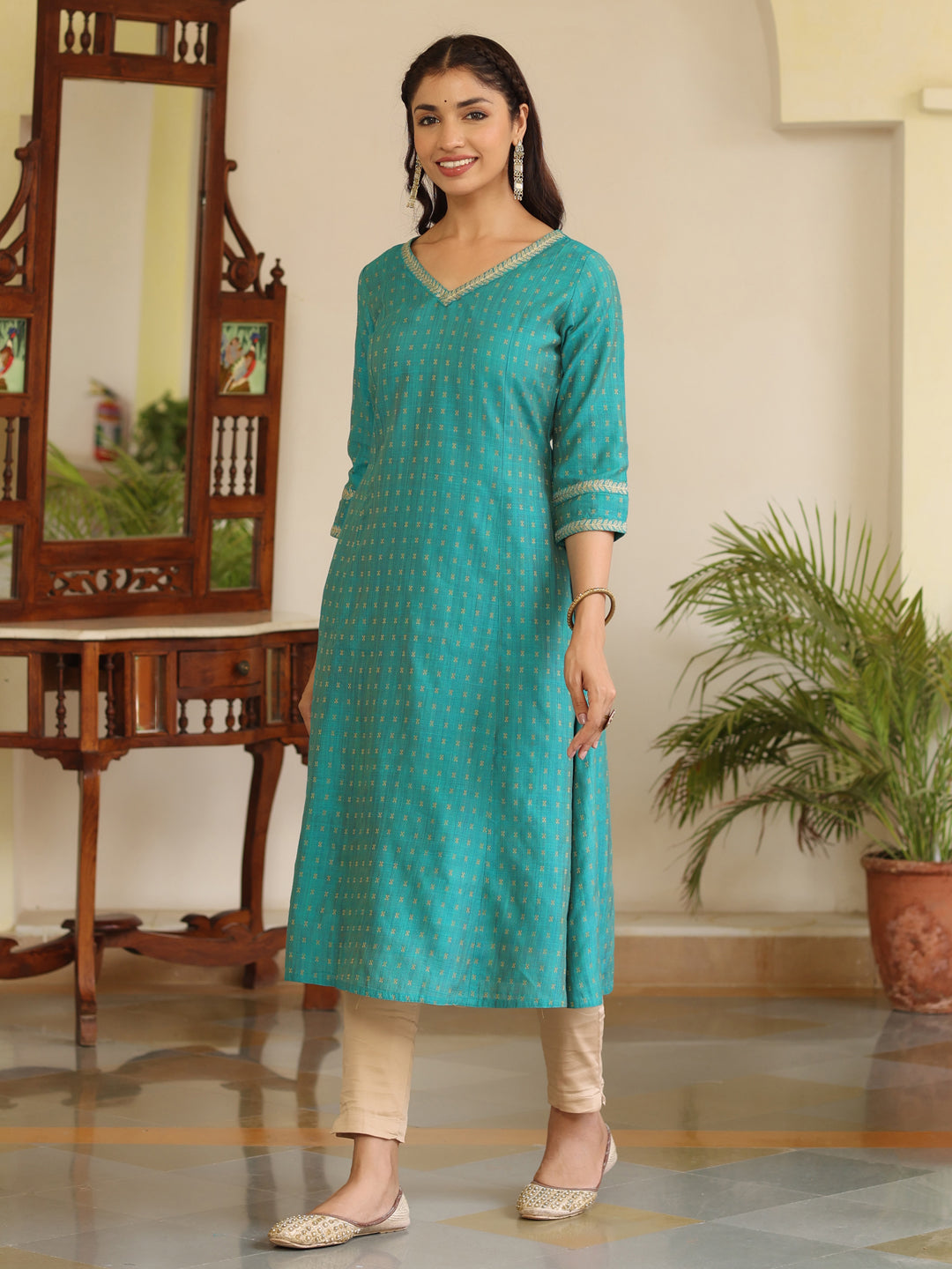 Turquoise Self Weave Chanderi A-Line Princess-Cut Embroidered Kurta