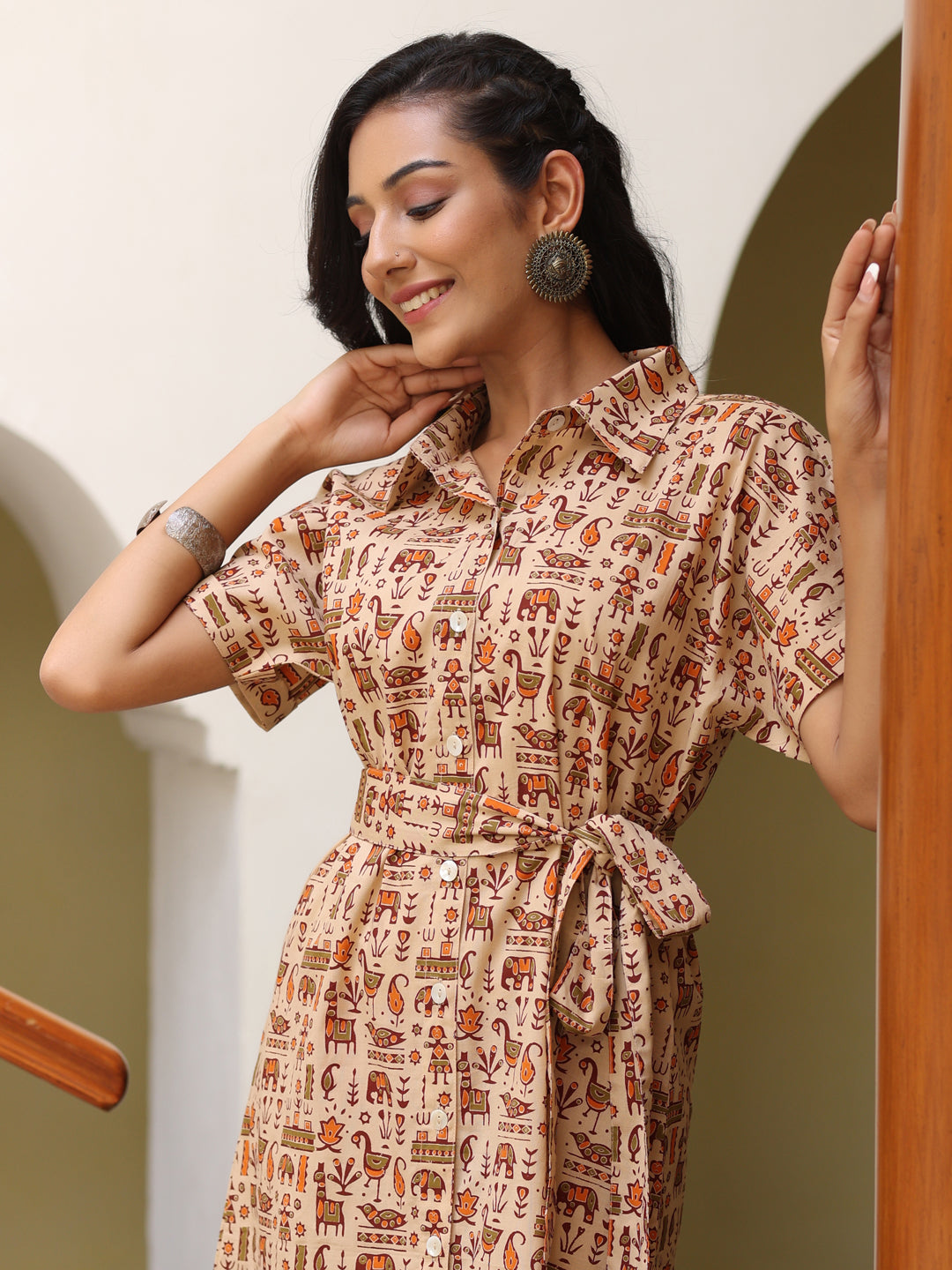 Beige Quirky Printed Cotton Shirt Dress With Belt