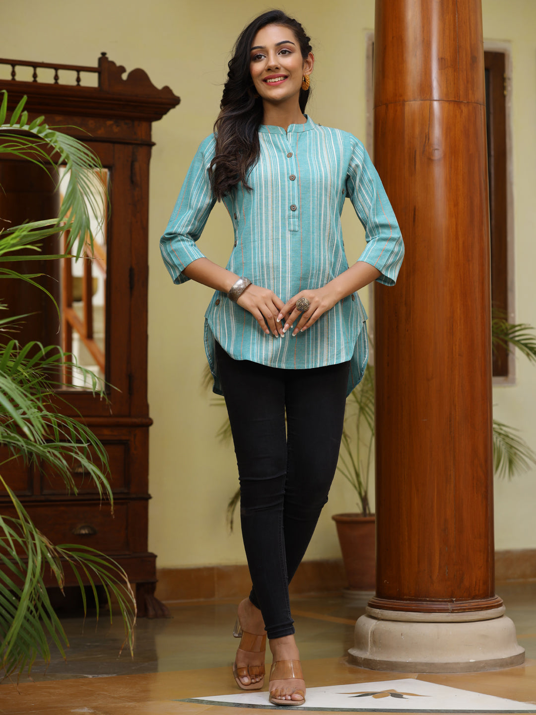 Blue Color Self Weave Cotton High-Low Top With Buttoned Details