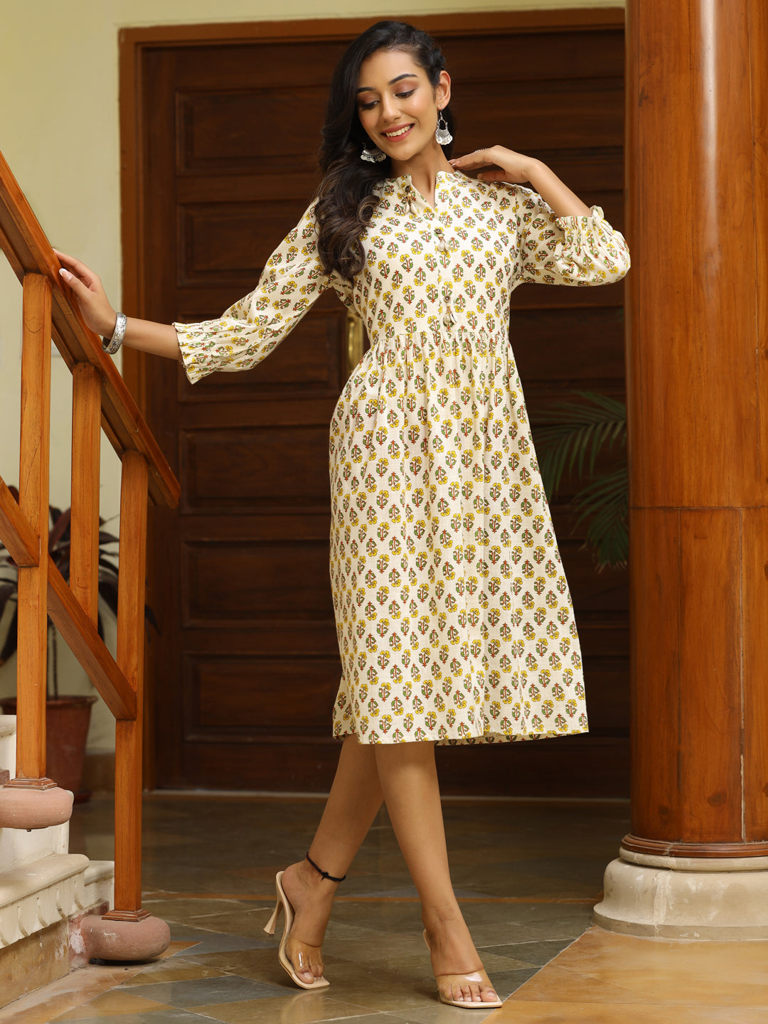 Off White Ethnic Printed Flared Cotton Dress