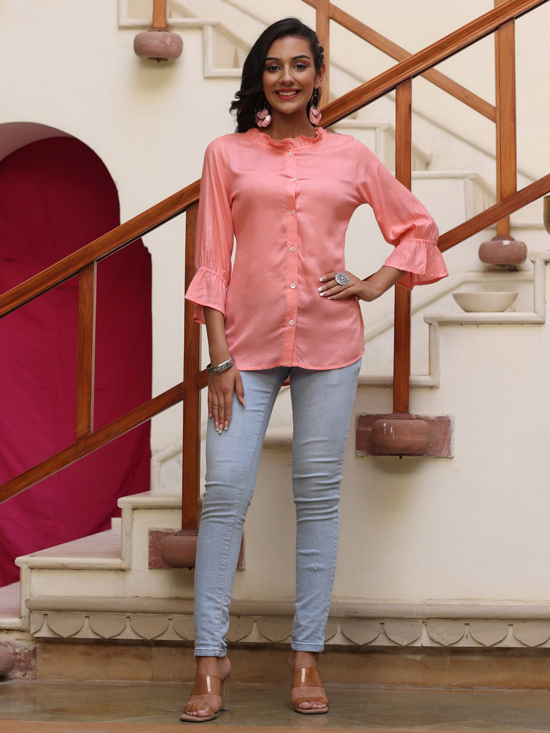 Peach Rayon Shirt With Frills