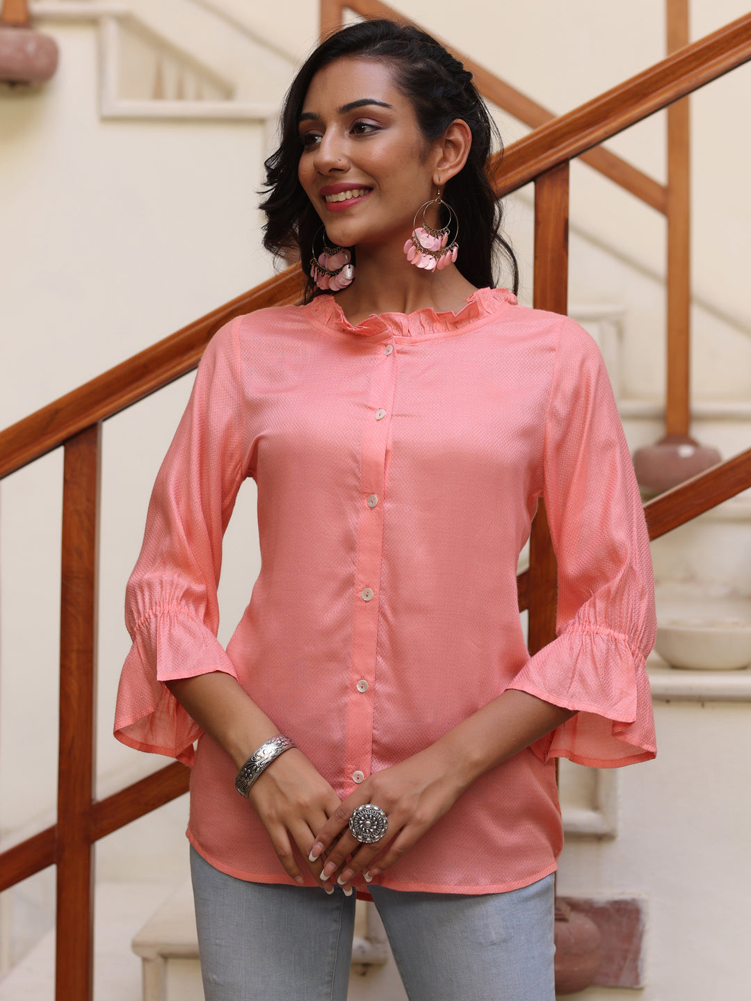 Peach Rayon Shirt With Frills