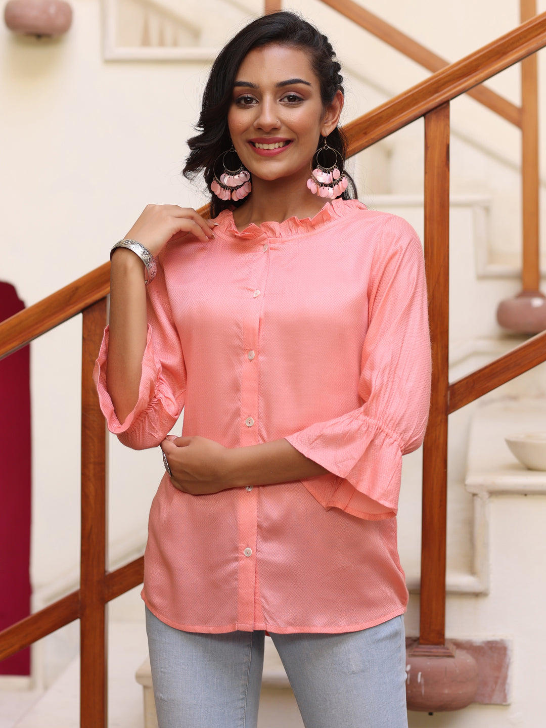 Peach Rayon Shirt With Frills