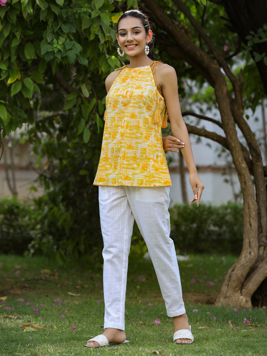 Yellow Ethnic Cotton Printed Tie-Up Top