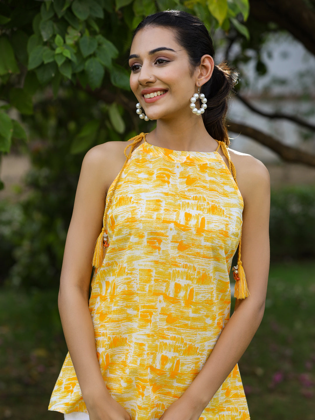 Yellow Ethnic Cotton Printed Tie-Up Top