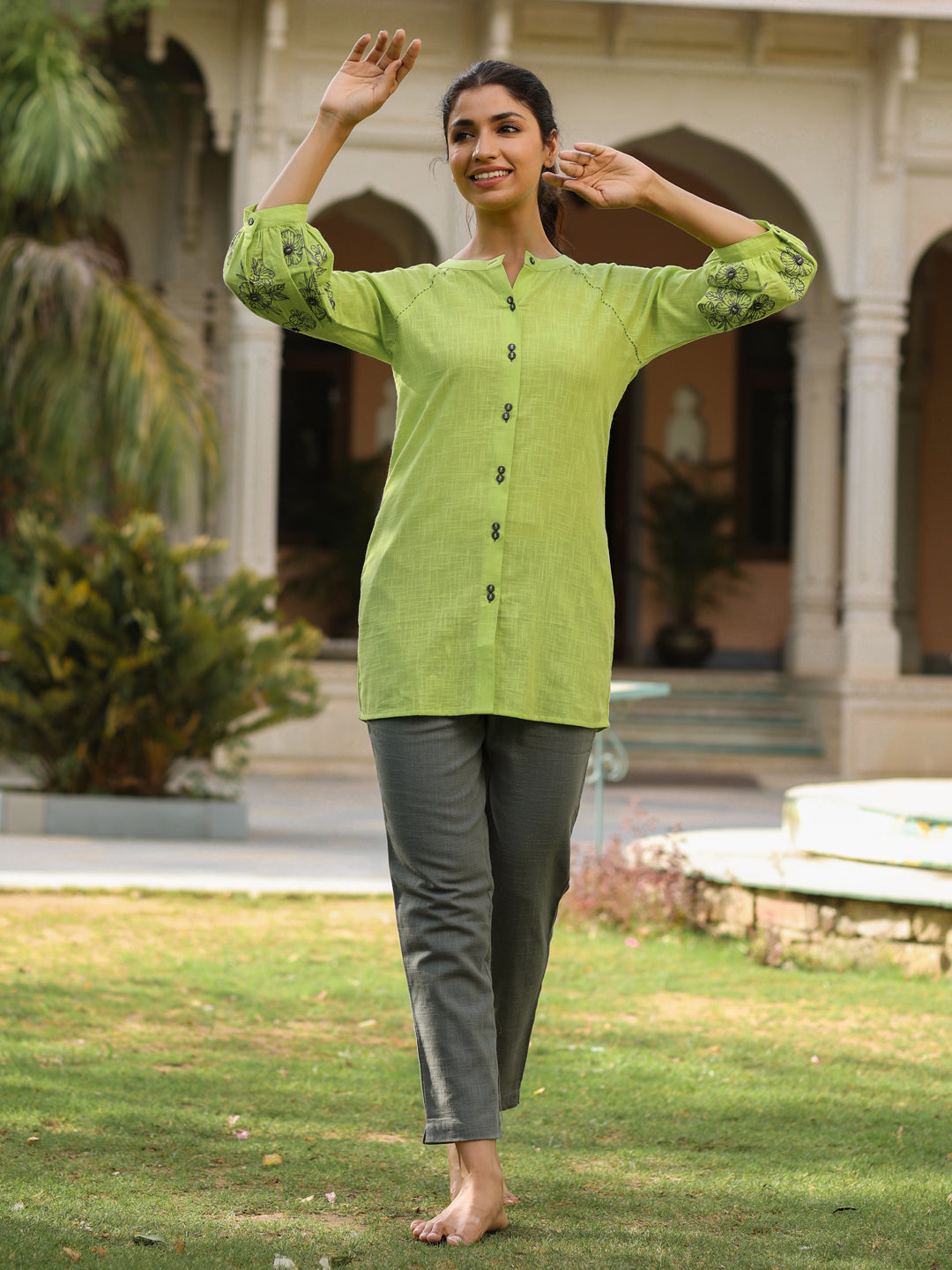 Embroidered Green Puffed Sleeves Long Cotton  Shirt