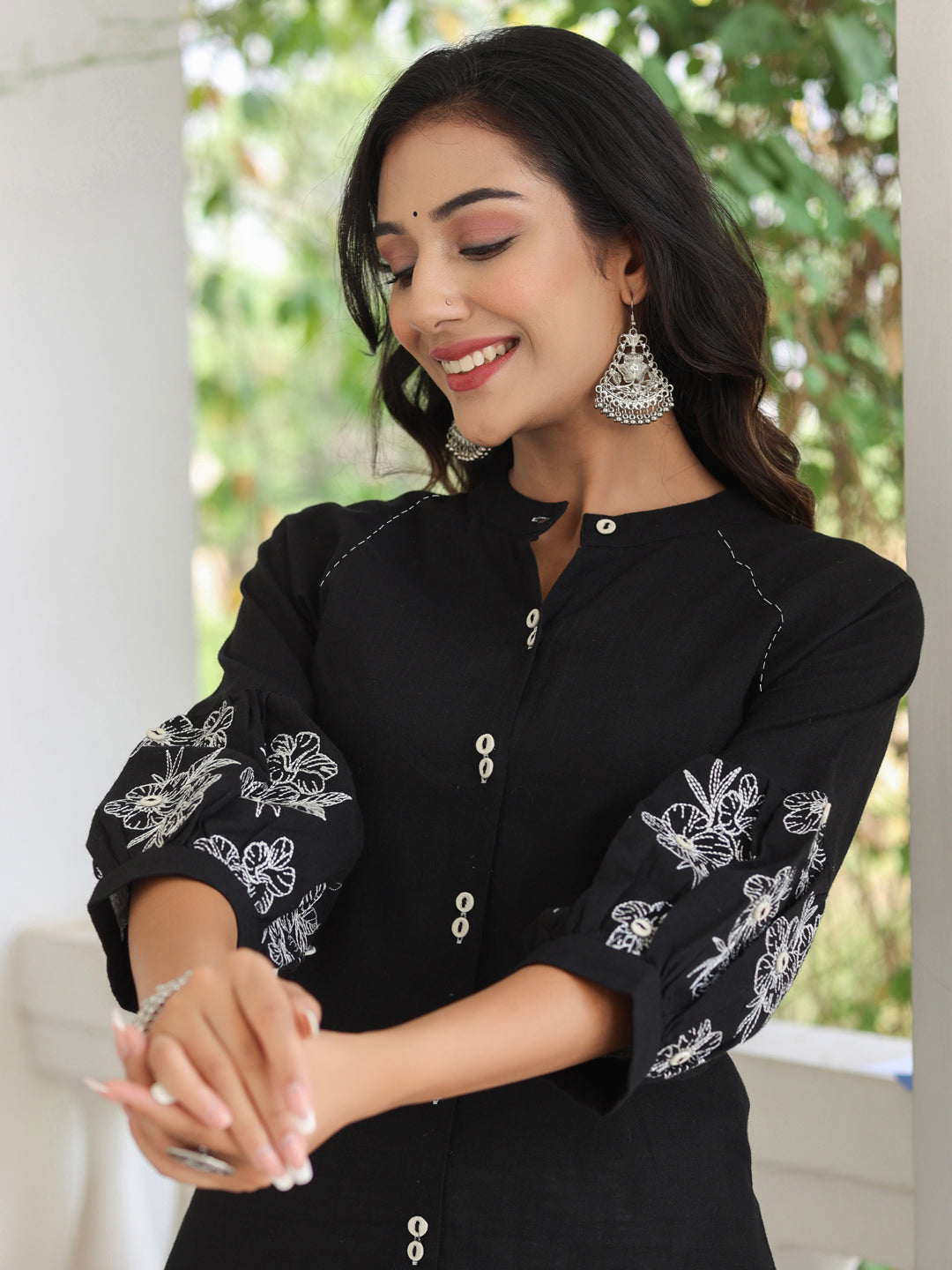 Embroidered Black Puffed Sleeves Long Cotton  Shirt