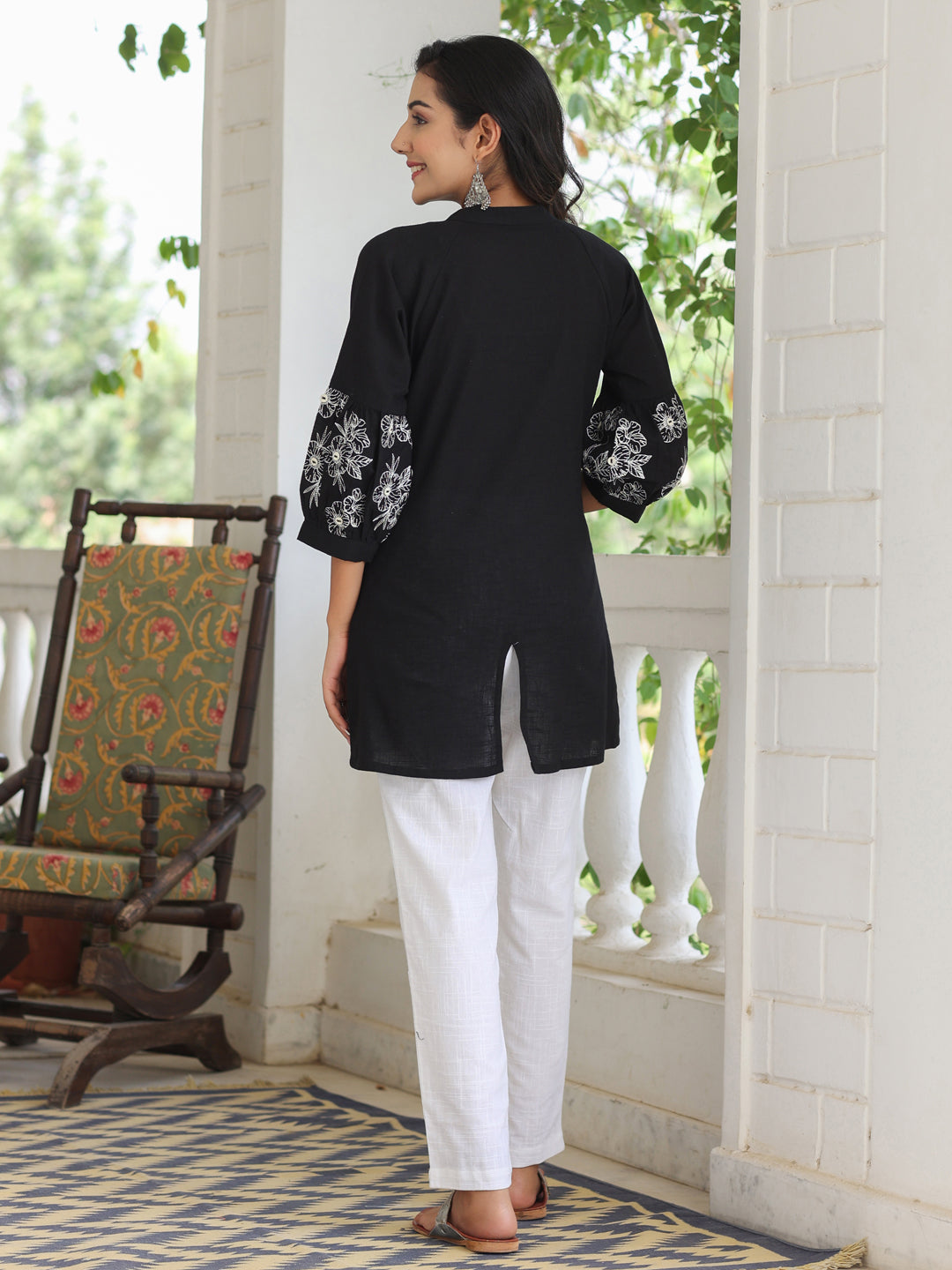 Embroidered Black Puffed Sleeves Long Cotton  Shirt