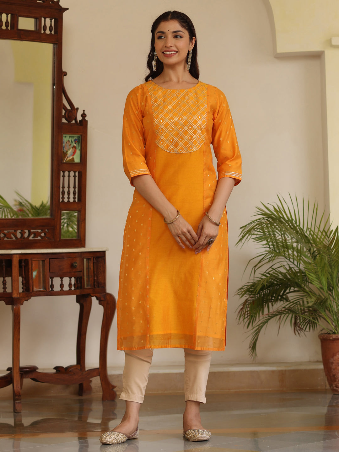 Orange Chanderi Gota And Sequence Embellished Straight Kurta