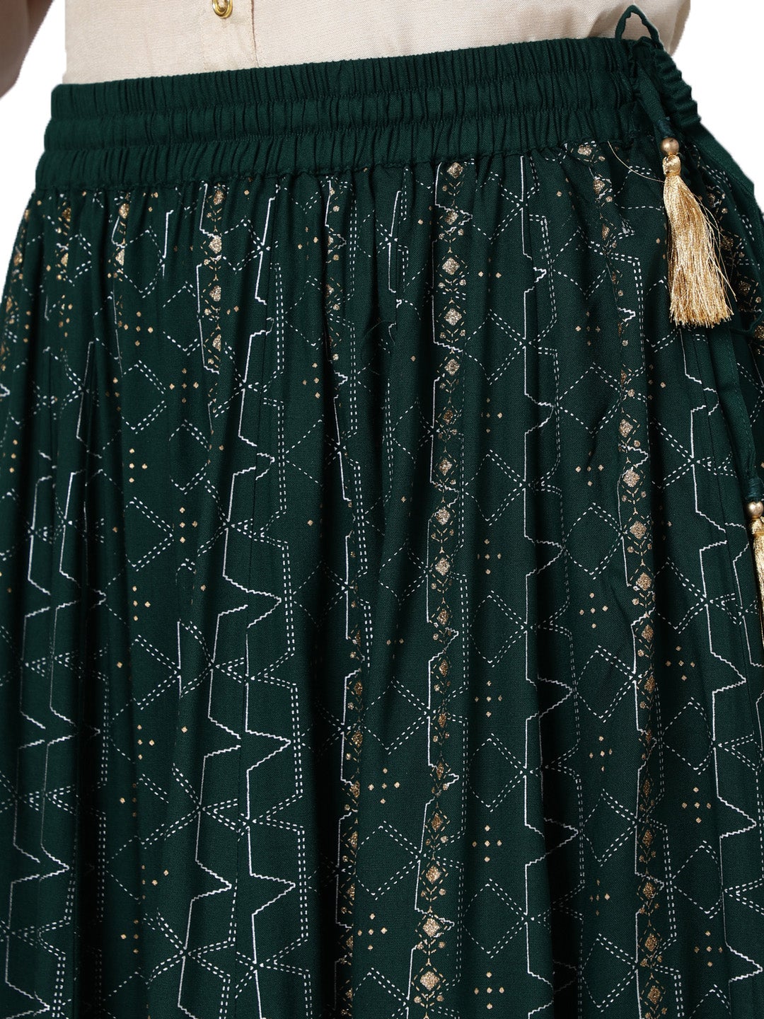 Green Gold Printed Flared Skirt