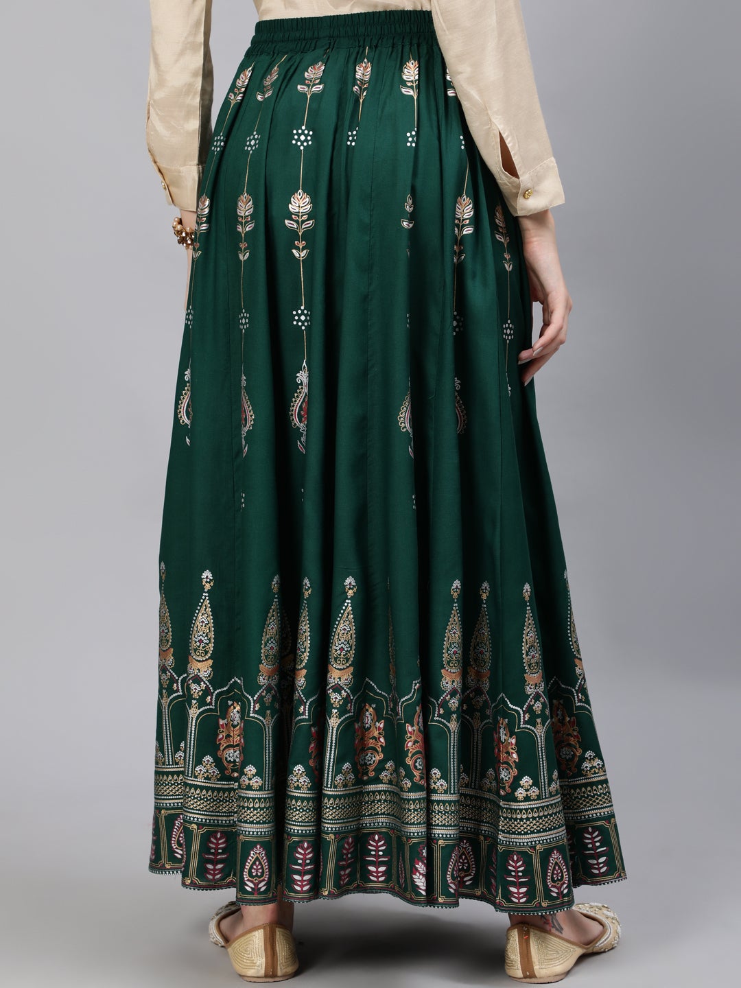 Green & Peach Gold-Toned Ethnic Motifs Print Flared Maxi Skirt