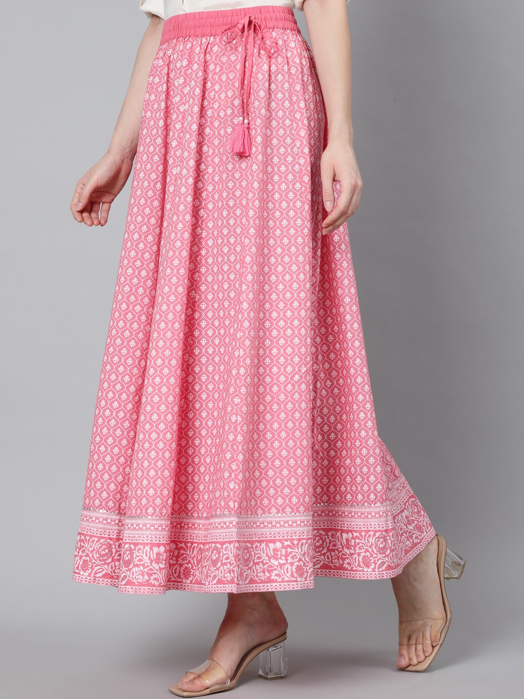 Pink Khadi Printed Maxi Flared Skirt