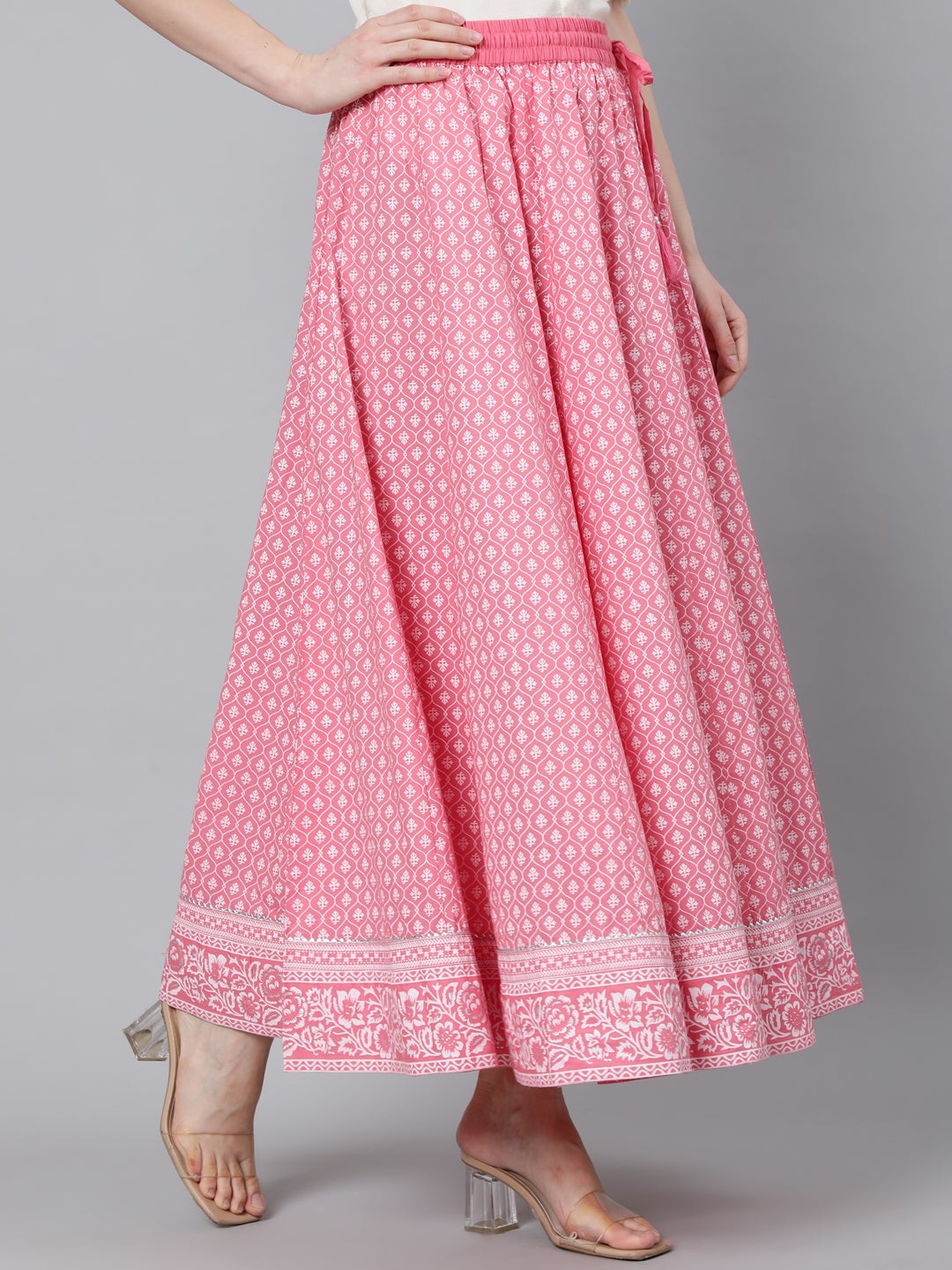 Pink Khadi Printed Maxi Flared Skirt