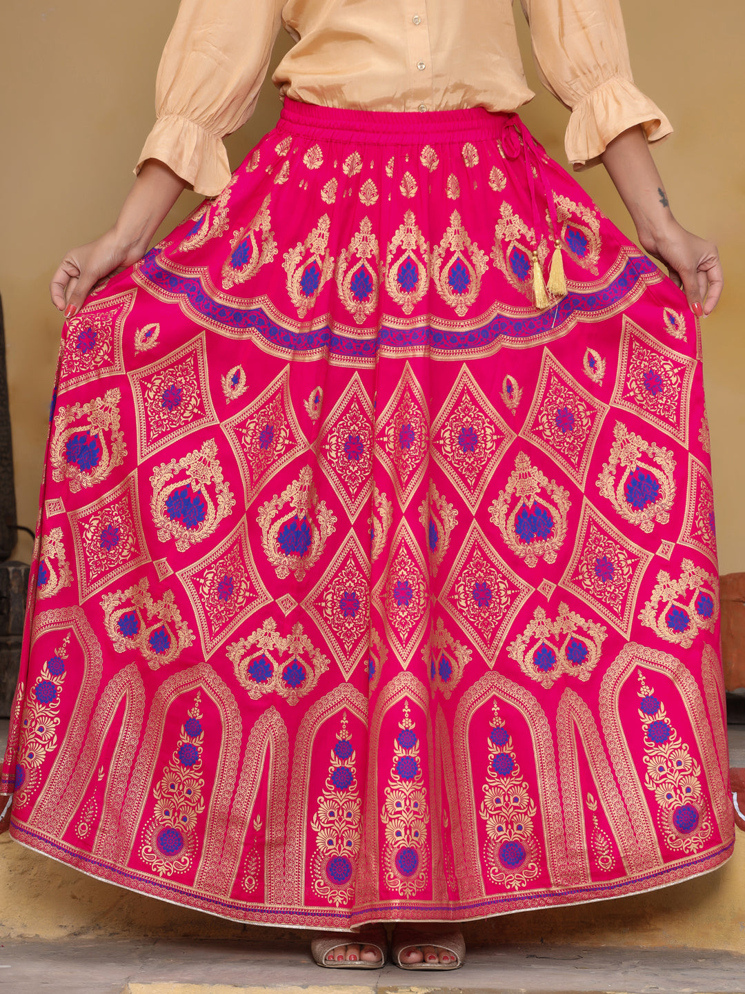 Pink Gold Printed Maxi Flared Skirt