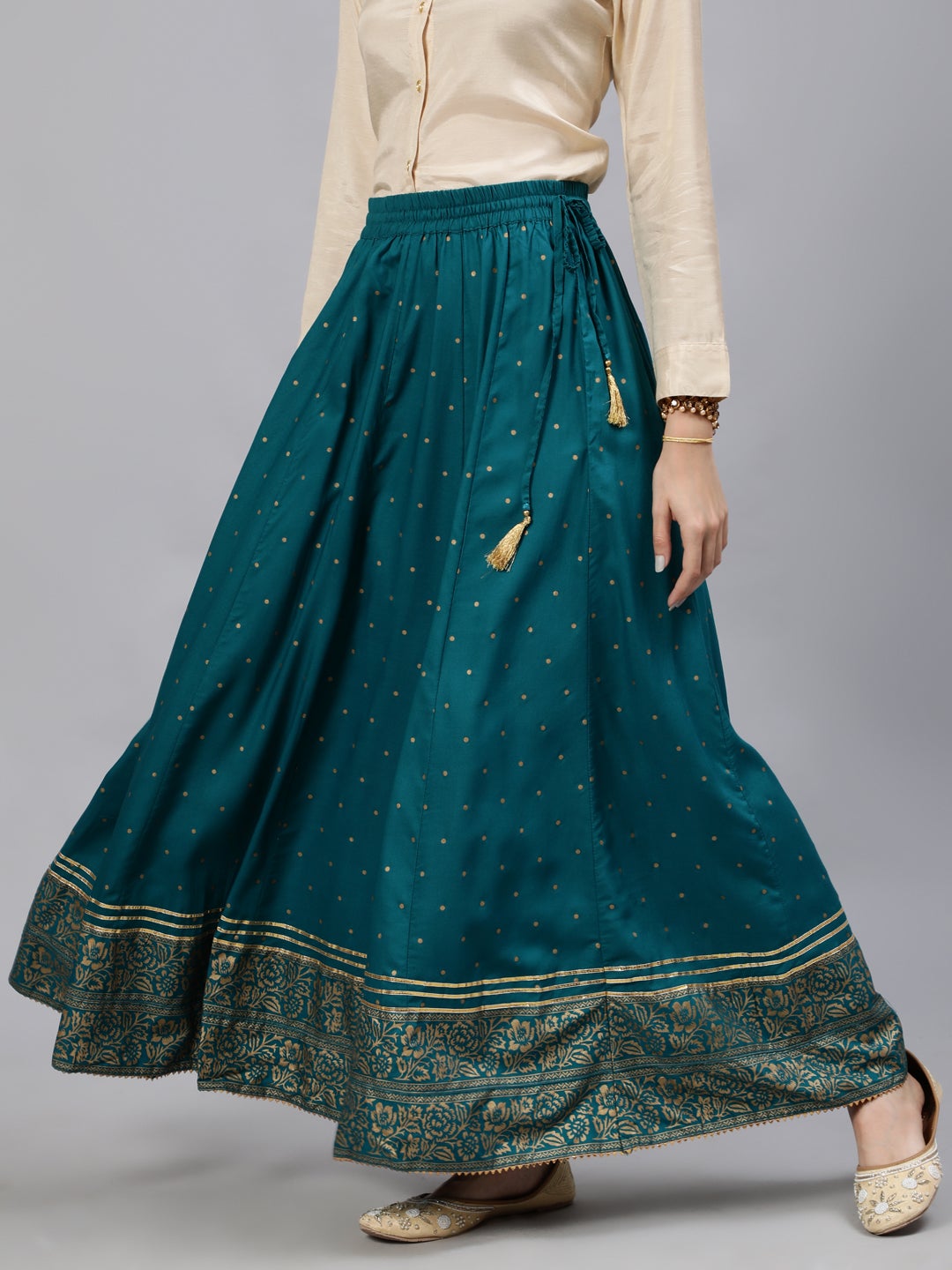 Turquoise Blue & Golden Ethnic Motifs Print Flared Maxi Skirt