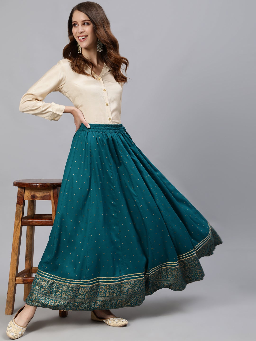 Turquoise Blue & Golden Ethnic Motifs Print Flared Maxi Skirt