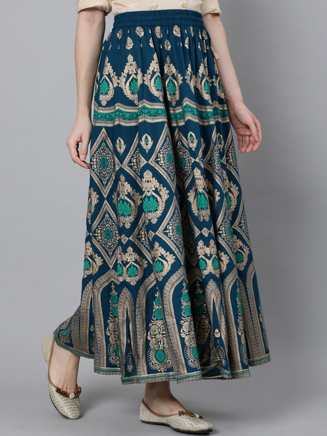 Turquoise Blue Ethnic Printed Maxi Flared Skirt