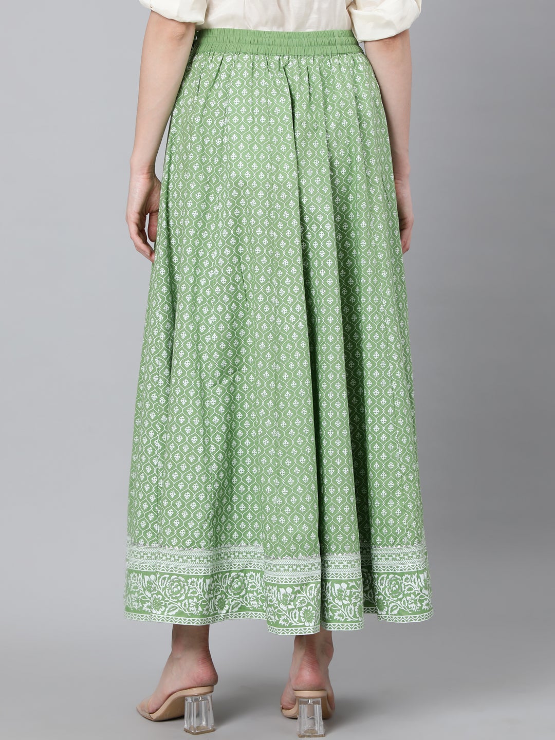 Green Khadi Printed Maxi Flared Skirt