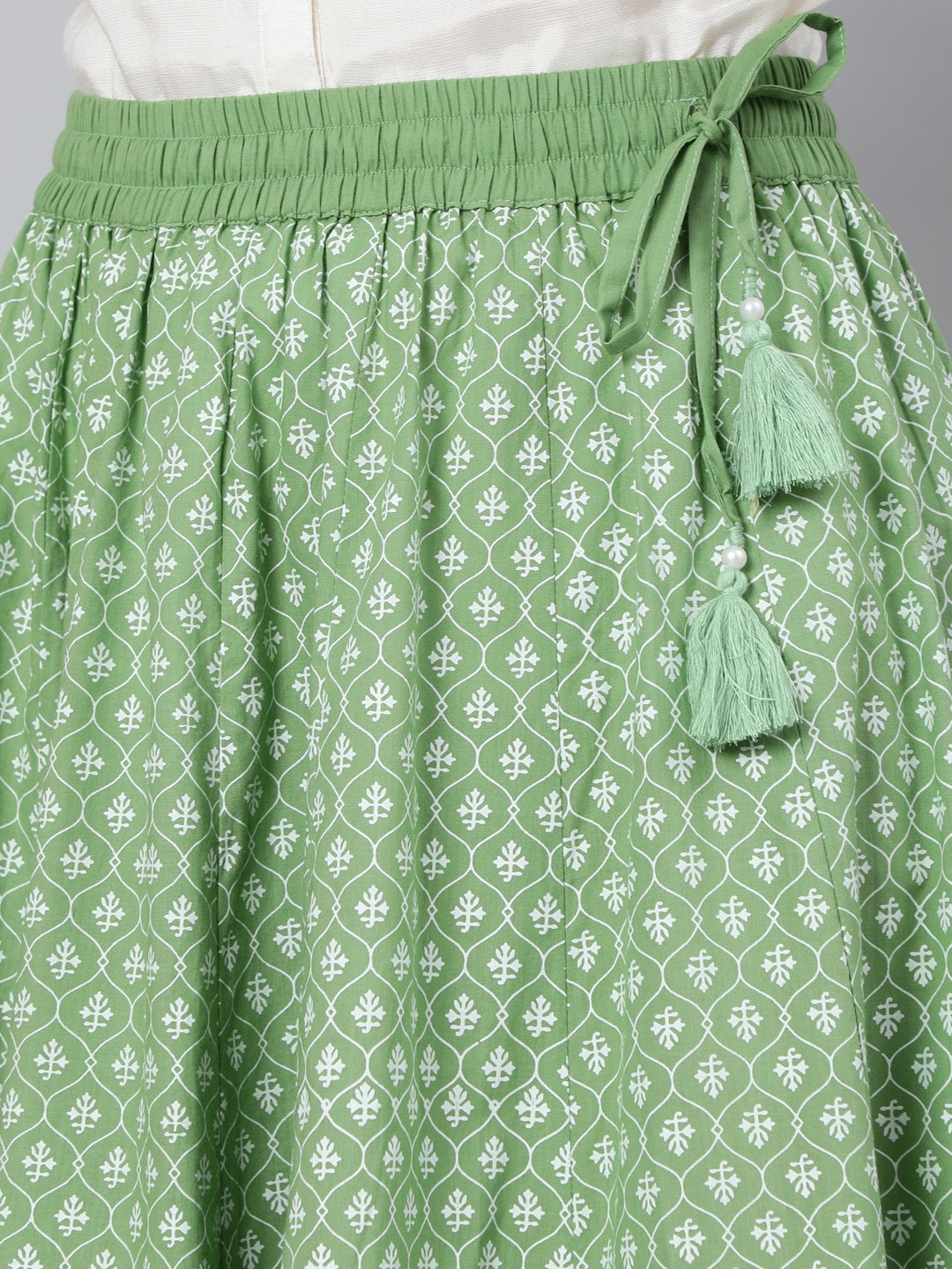 Green Khadi Printed Maxi Flared Skirt