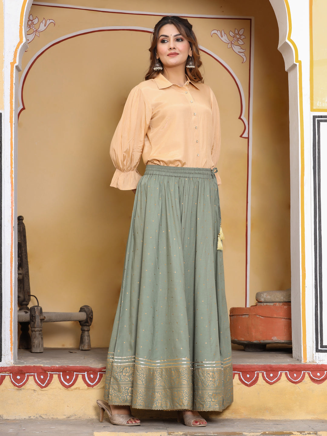 Buy Leaf Green Glitter Printed Culottes Online - W for Woman