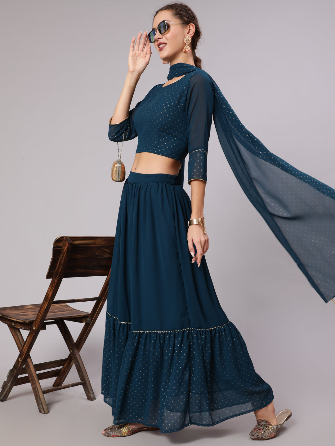Blue Georgette Gold Print Embellished Lehnga Has Crop Top, Skirt And Dupatta